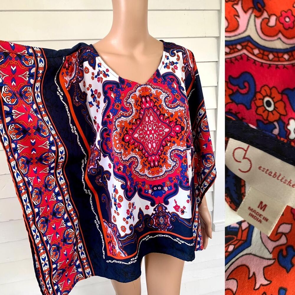 Dressbarn Dashiki Top White Red Navy Print Blouse M